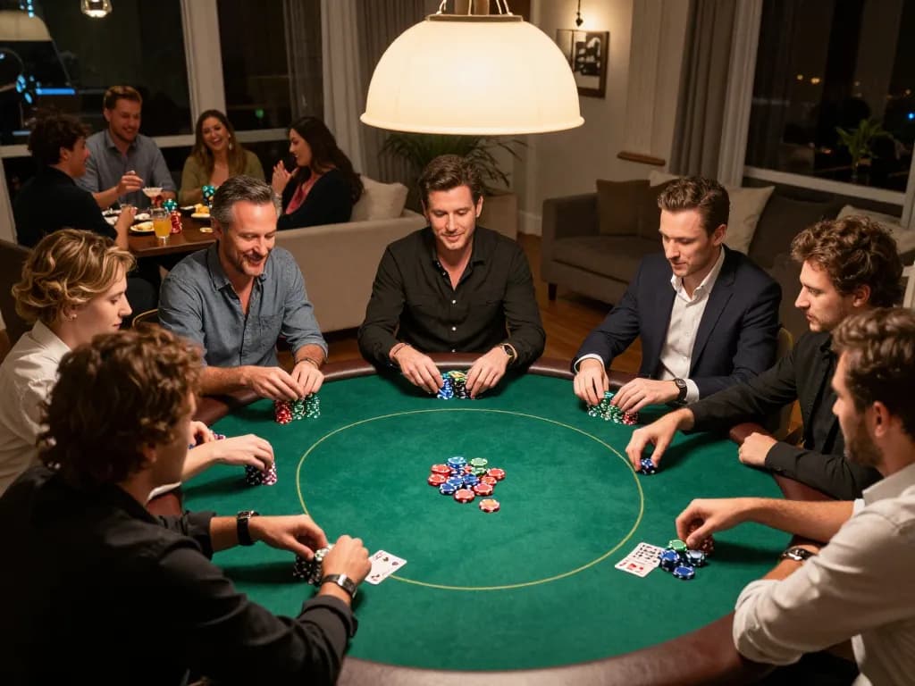 Players engaged in an exciting home poker night at fly88mb, chips stacked high and drinks on the table.