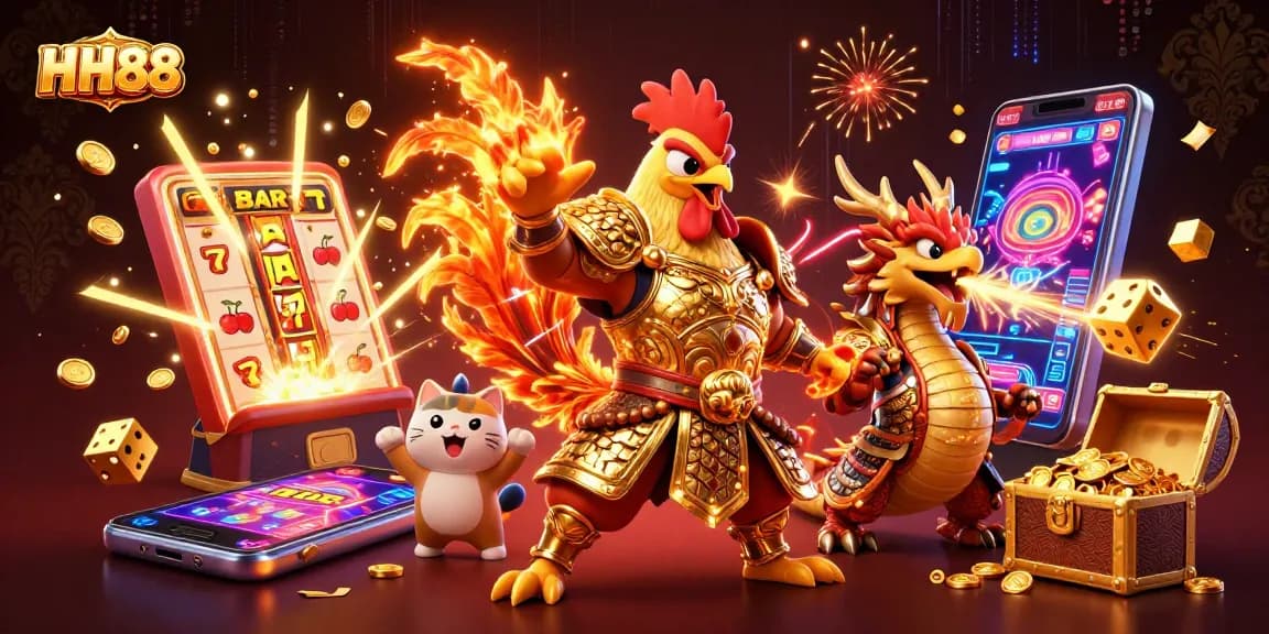Engage in thrilling HH88 slot action with exciting characters and elements in a vibrant 3D illustration.