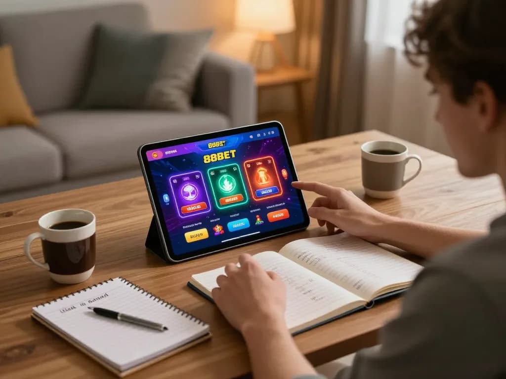 88BET user engaging with online casino app, showcasing a vibrant home gaming atmosphere