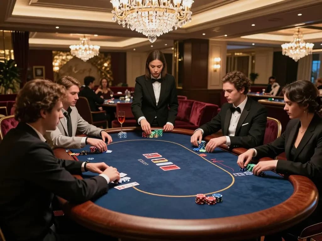 Max 88 high-stakes poker scene in luxurious gaming area showcasing players engaged in strategic gameplay
