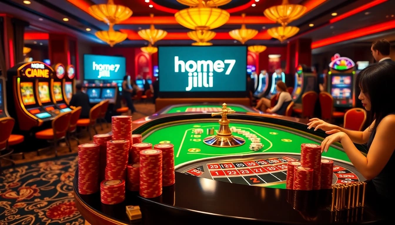 Experience the thrill of home jili7 with vibrant casino games and a roulette table.