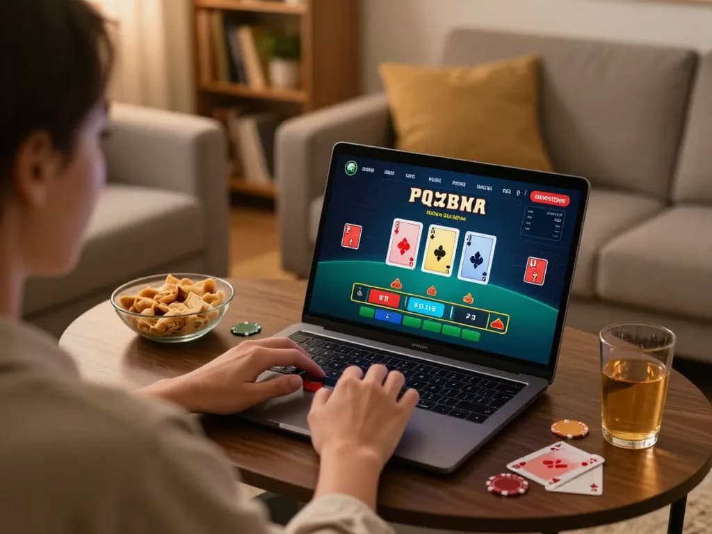Player engaged in online blackjack at 8KBET, showcasing a cozy home gaming environment.