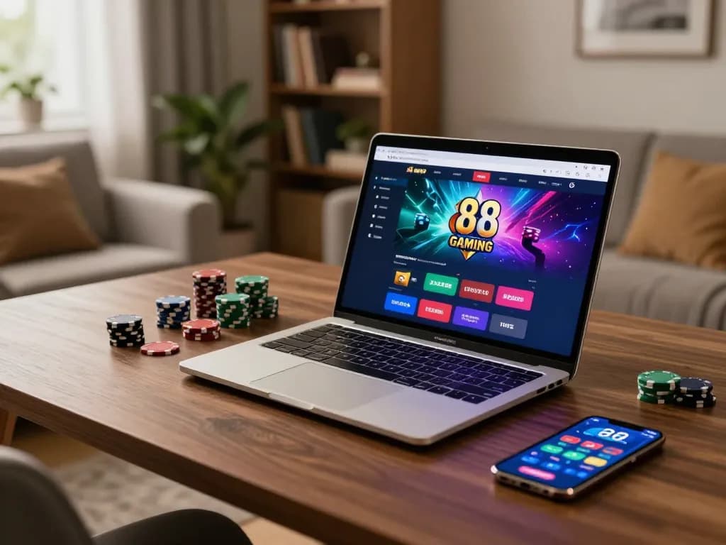 Engaging in online gambling at open 88 platform, showcasing a modern setup and cozy atmosphere.