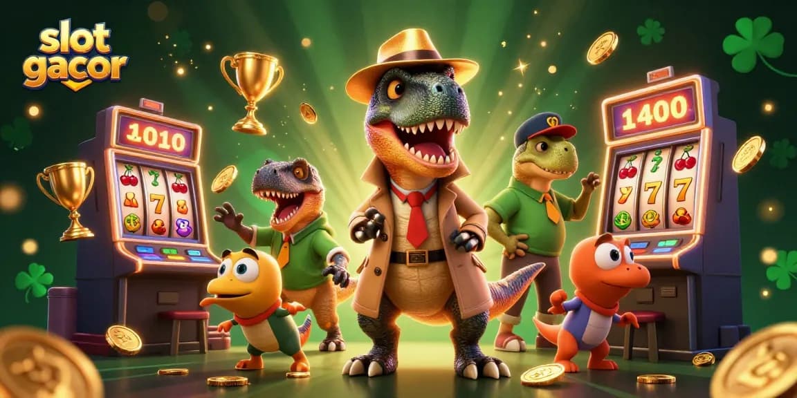 Karakter slot gacor lucu melakukan aksi mencuri chip di mural slot, dengan pit boss mengawasi secara curiga.