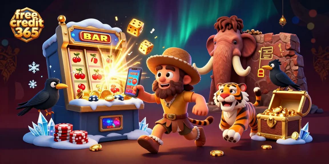 Win big at free credit 365 with a playful 3D casino scene featuring cavemen and vibrant game elements!
