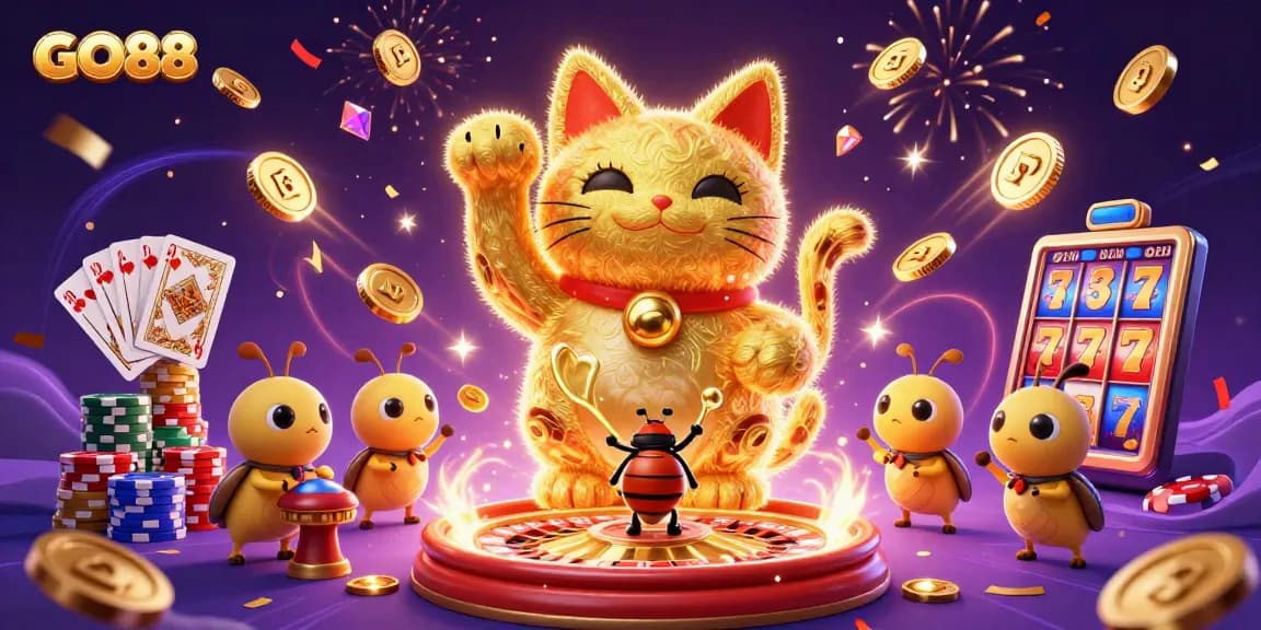 Engage with GO88's vibrant casino offerings featuring a lucky cat and dynamic gaming elements.