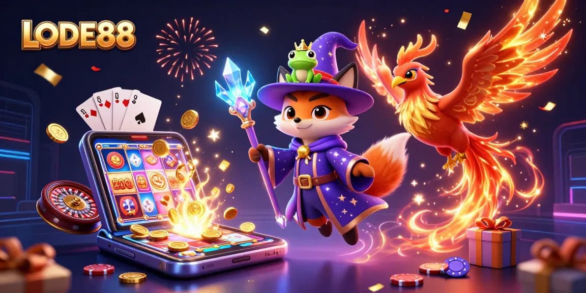 Join the action at LODE88 with a casino illustration of a wizard fox and phoenix in a dynamic gaming scene.