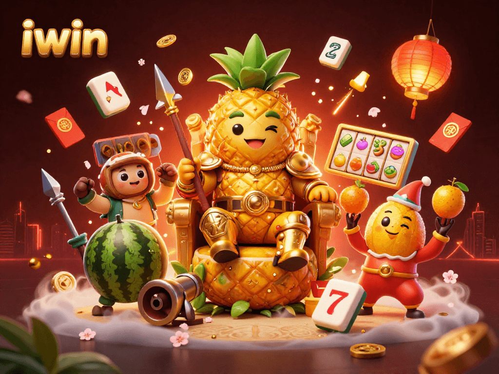 Join the iwin pineapple king and casino characters in a vibrant 3D illustration of gaming excitement.