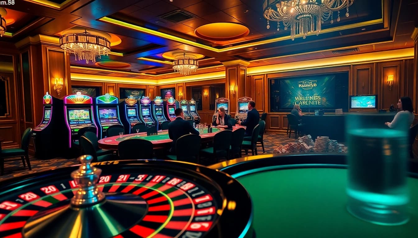 Engaged players enjoying poker at mm88.br.com in a luxurious casino setting.