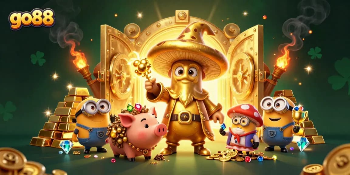 Experience the thrills of go88 with a magical wizard and treasures in a vibrant casino-themed scene.