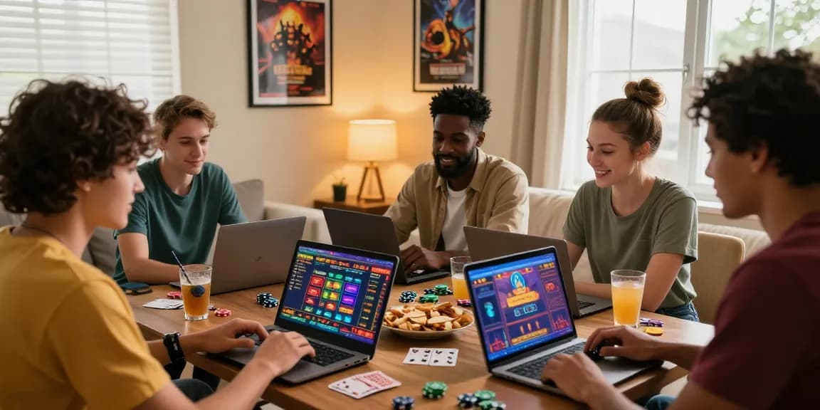 Engaged friends enjoying online casinos Australia on laptops in a cozy living room.