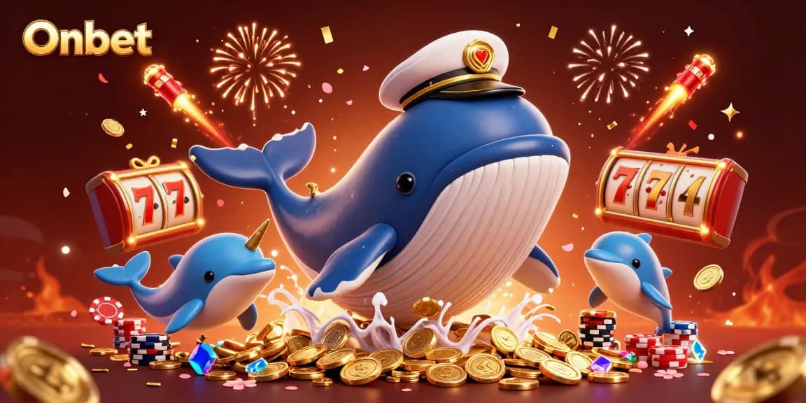 Engage with Onbet's thrilling slots experience through a festive scene with whales and dolphins.