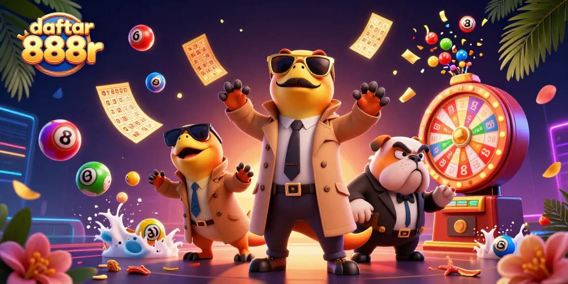Engage with daftar 888r to access a vibrant VIP casino experience in a cartoonish scene.