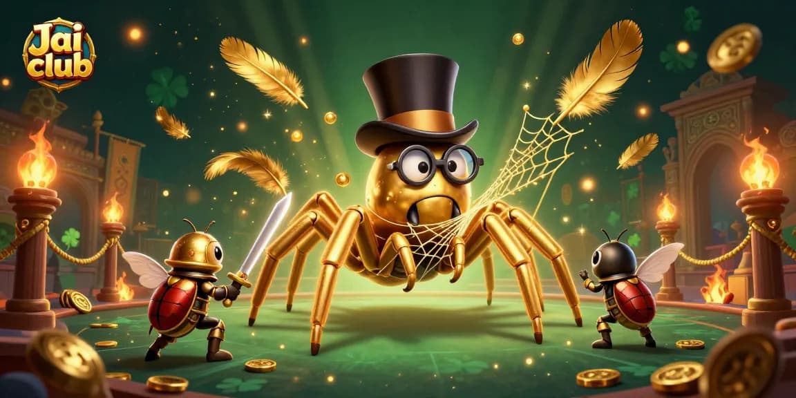 Engage in exciting gameplay on Jai club with dynamic 3D illustration featuring a giant golden tarantula spinning a web of luck.