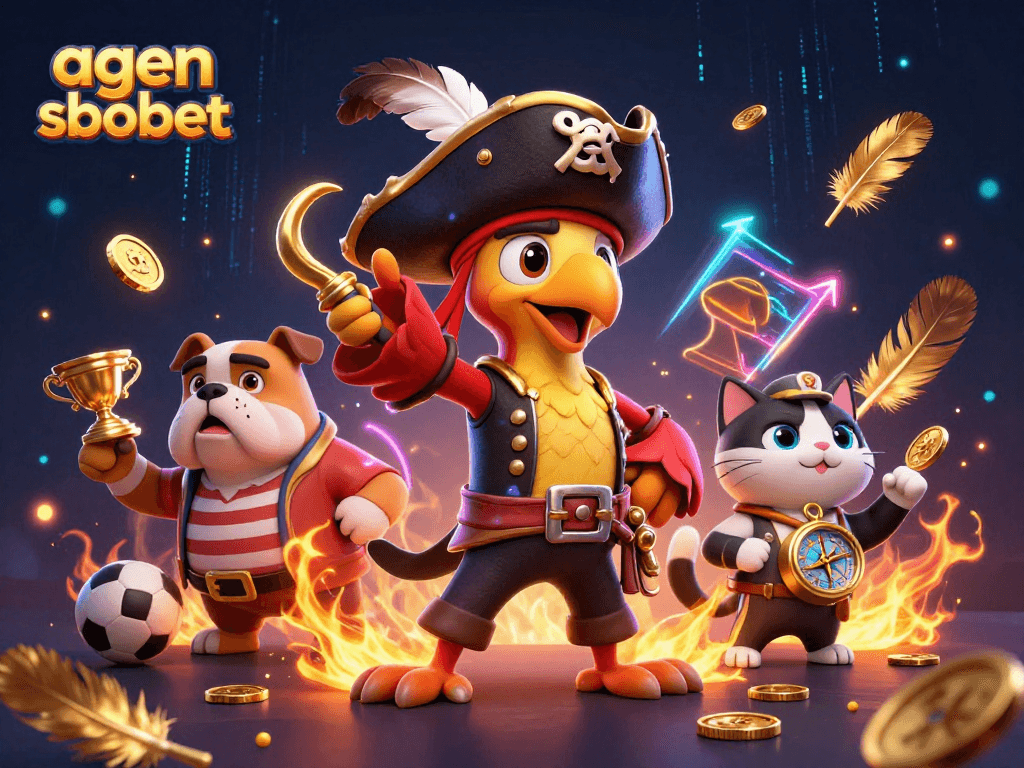 A stunning scene showcasing agen sbobet with a pirate captain parrot, first-mate bulldog, and ship's cat, amidst vibrant gambling elements.