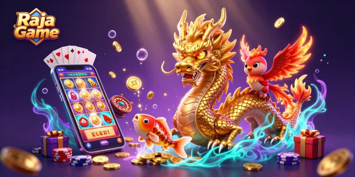 Engage with Raja Game by exploring dynamic slot and lottery gaming possibilities, featuring a dragon and phoenix in a rich visual setting.