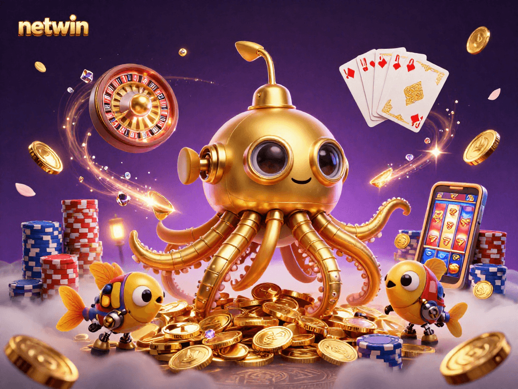 Netwin's iconic kraken submarine surfaces through golden coins, representing top-tier online gambling.