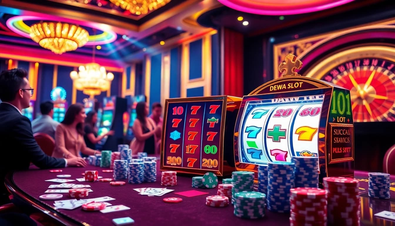 Engaging players on a "dewa slot" machine amidst a glamorous casino atmosphere with vibrant colors.