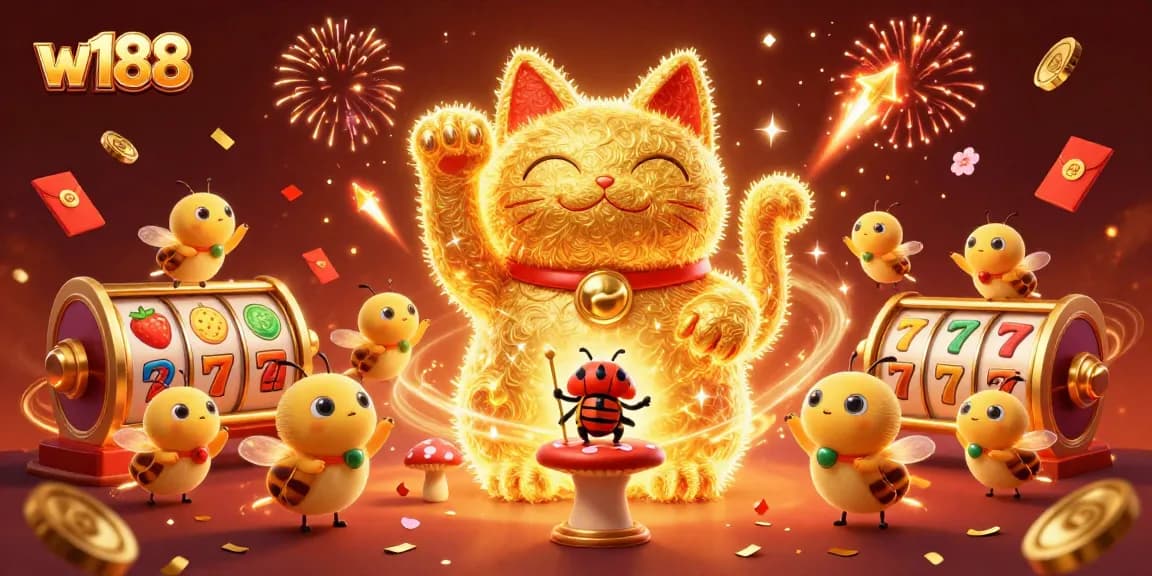 Engage in thrilling games at w188 with a dynamic illustration of lucky symbols and golden fireflies.