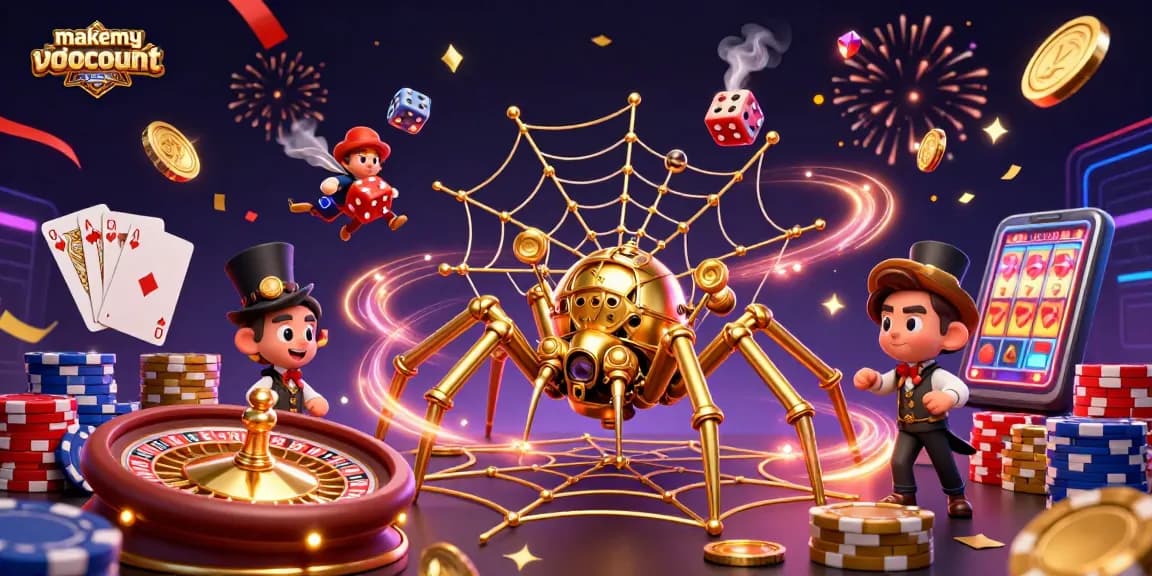 Catch the vibrant energy at makemyvotecount with a steampunk spider weaving a golden web of gaming excitement.