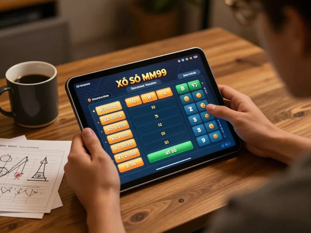 Xổ Số MM99 player enjoying online gaming on tablet with strategy notes visible