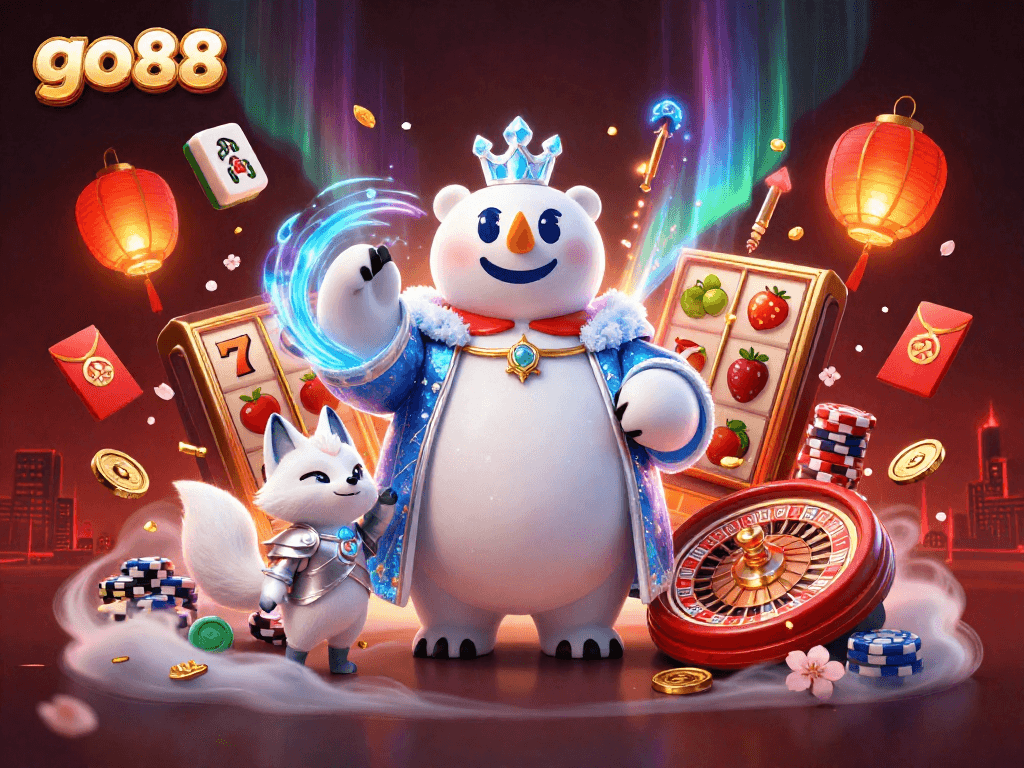 Engage with go88 through a vibrant casino scene featuring a polar bear and snow fox, amidst slots and poker dynamics.