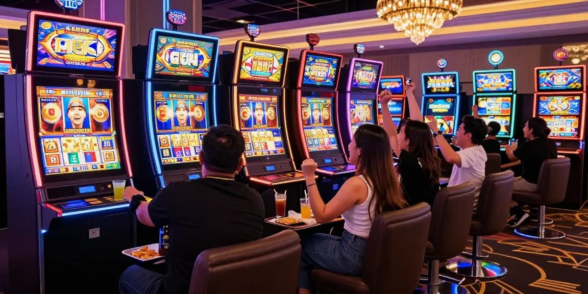 Friends joyfully playing slot gacor machines in a vibrant casino atmosphere.