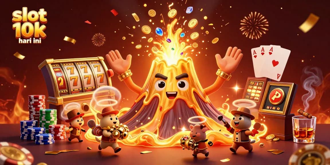 Experience the excitement of slot 10k hari ini as a golden volcano erupts coins and treasures amid dazzling casino elements.