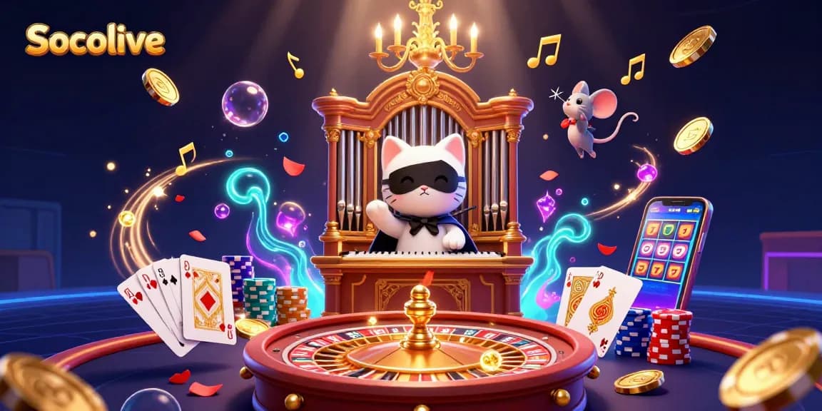 Socolive brings you an engaging gaming experience featuring a whimsical cat at a casino organ amidst vibrant gambling elements.