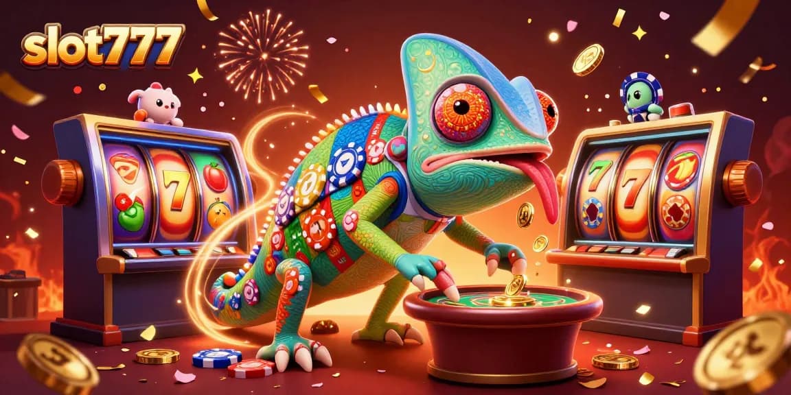 Experience the thrill of slot777 with a vibrant chameleon casino owner amidst dynamic slot elements.