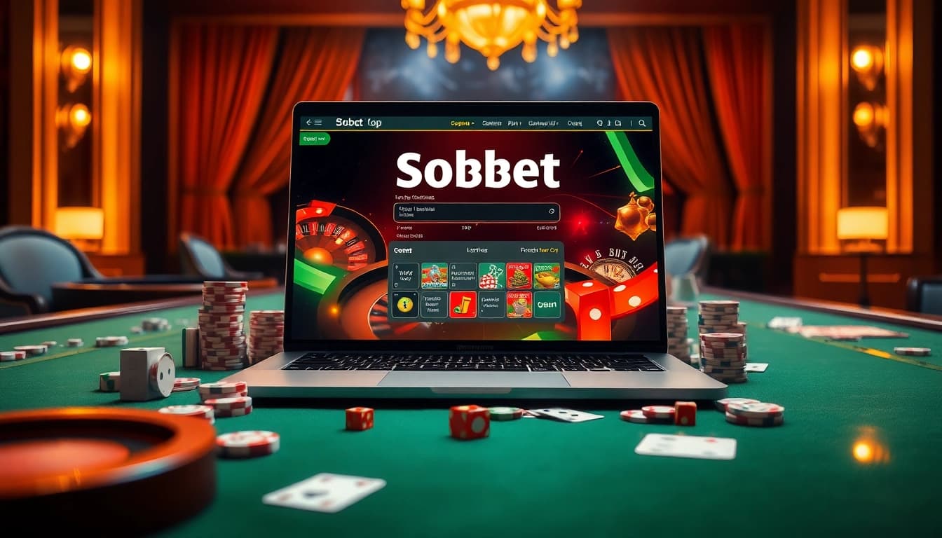 Sbobet login indonesia on a laptop amidst an extravagant online casino setting, showcasing high-stakes gaming elements.