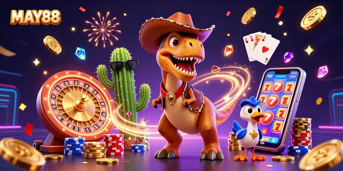 MAY88's exciting gaming scene with a cowboy dinosaur and casino elements for online casino players.