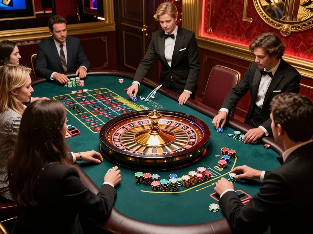 Players placing bets at an intense roulette table, TT88 revealing the thrill of casino gameplay.