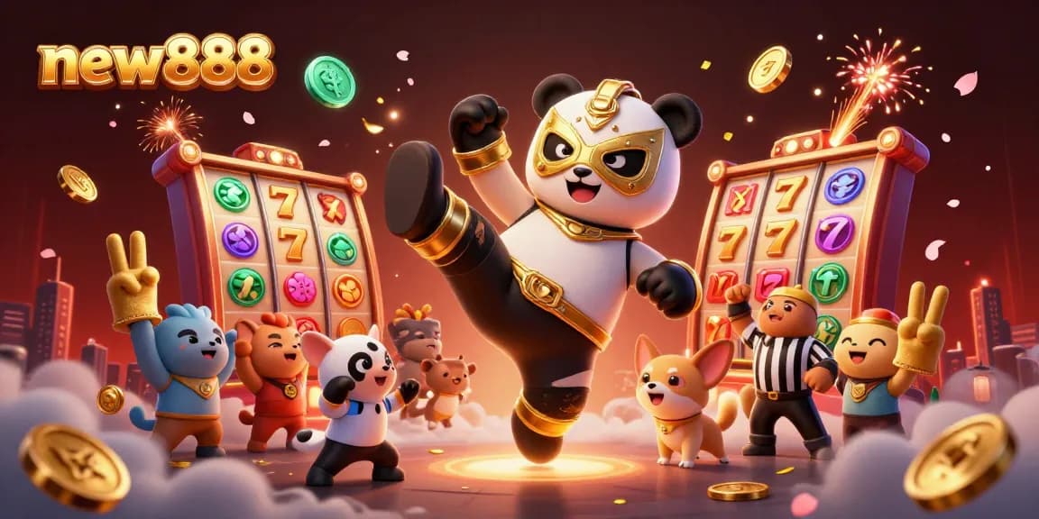 Experience excitement at new888 with a vibrant casino scene featuring 3D characters in action.