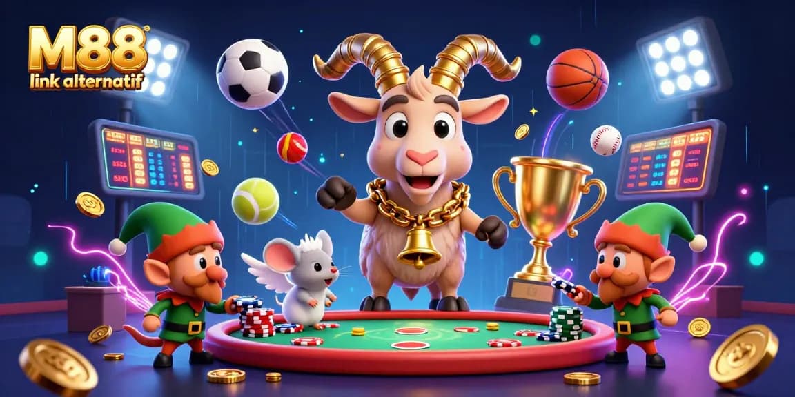 M88 link alternatif offers a compelling casino experience with festive elements, showcasing a lively scene of gambling action.