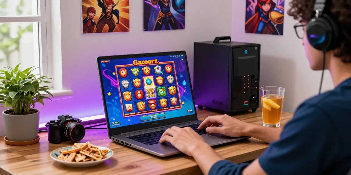 Person gaming on slot online gacor at home desk with vibrant graphics and snacks nearby.