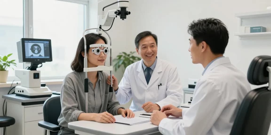 SNU Eye Clinic consultation with patient and eye specialist in a modern facility.