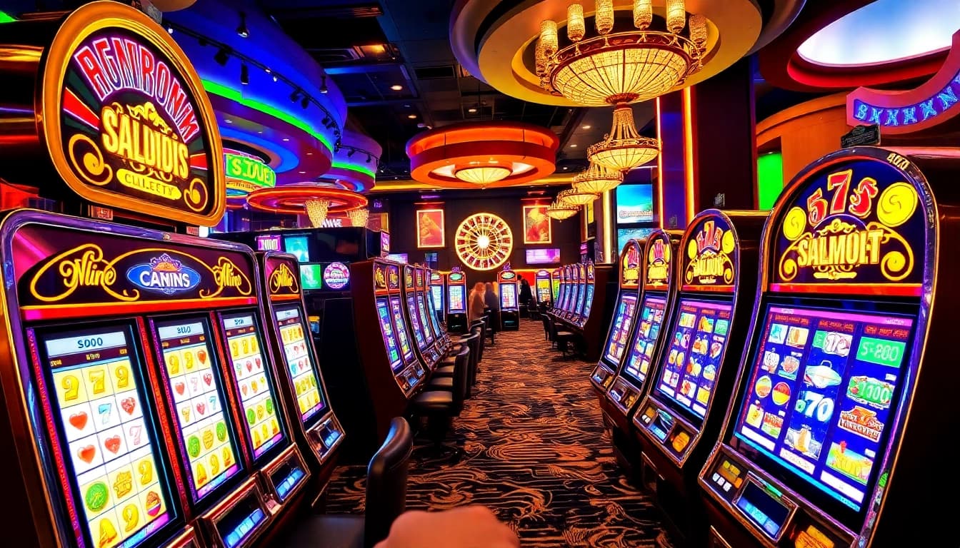 Players enjoying a thrilling slot machine experience in a vibrant casino environment.