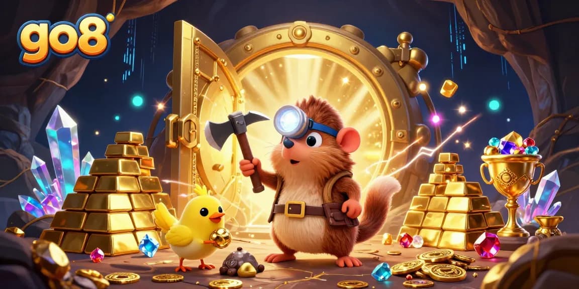 Experience the excitement of go8 with treasure hunting casino elements in a vibrant 3D illustration.