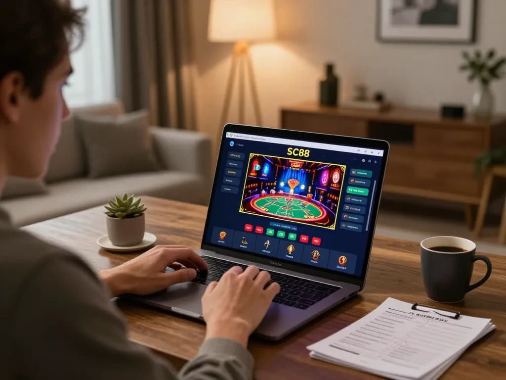 Player enjoying SC88 mobile app on laptop at home, highlighting engaging online casino experience.