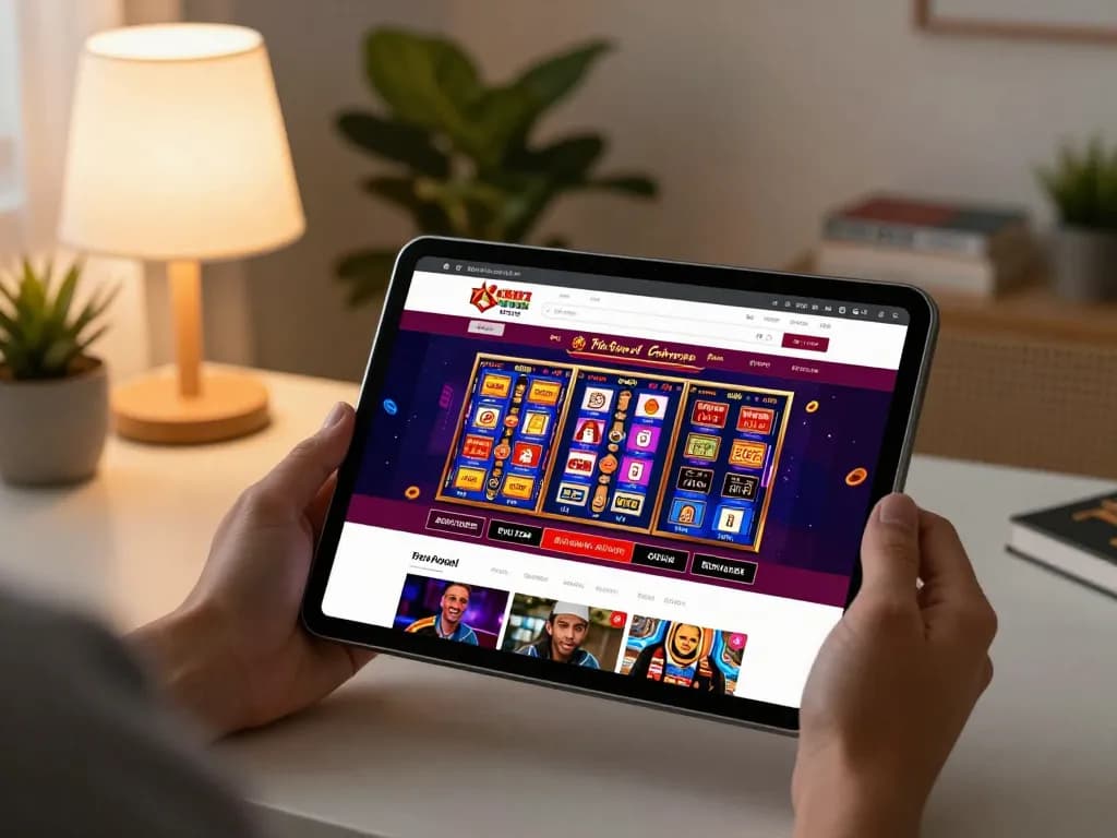 Antarmuka permainan 88Pulsa ditampilkan di tablet dengan grafik mesin slot yang menarik di lingkungan rumah yang nyaman.