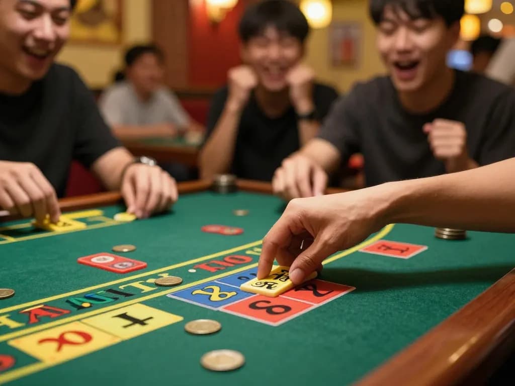 Xóc đĩa action captured with players excitedly placing bets in a vibrant Vietnamese venue.