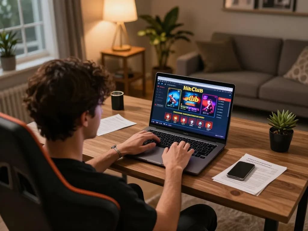 Engaged player strategizing on hitclub casino interface in a cozy home environment.