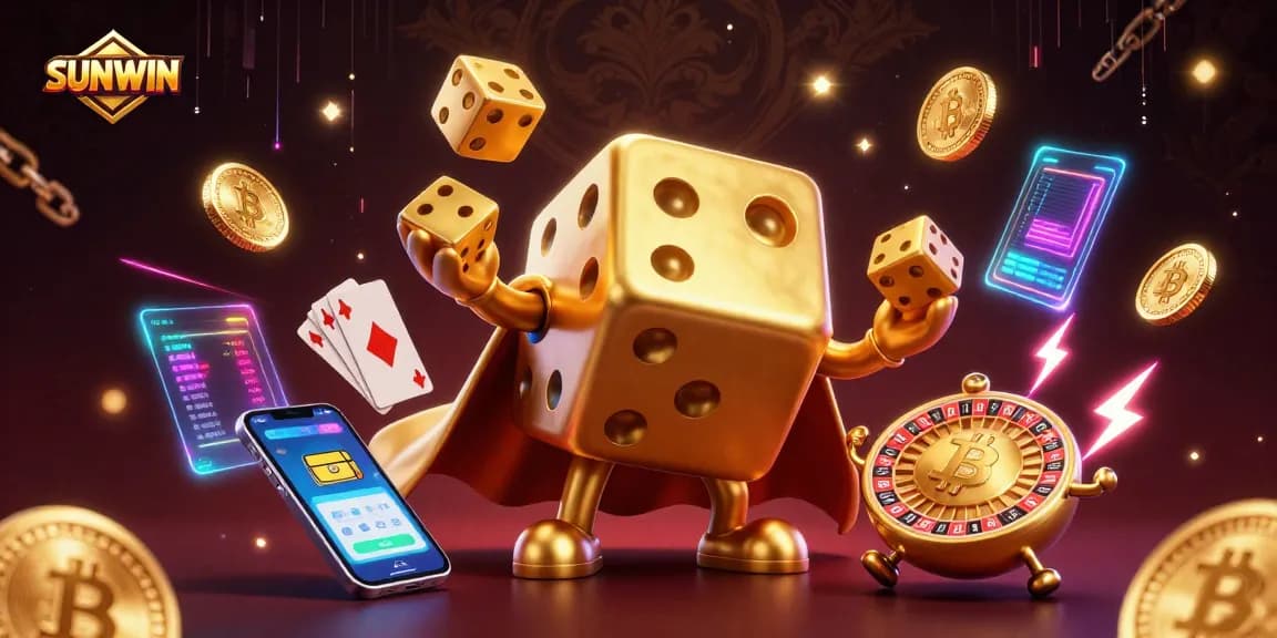SUNWIN players enjoying vibrant gambling action with golden dice, coins, and animated elements.