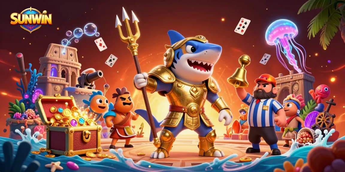 SUNWIN casino celebrates online gaming with a dynamic underwater scene showcasing a shark gladiator and vibrant elements.