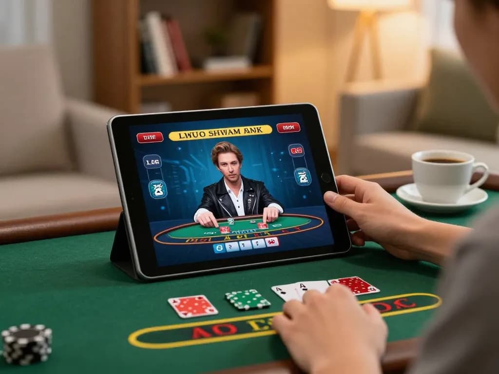 Engaging in nk88 bet live dealer blackjack on a tablet in a cozy setting with a warm atmosphere.