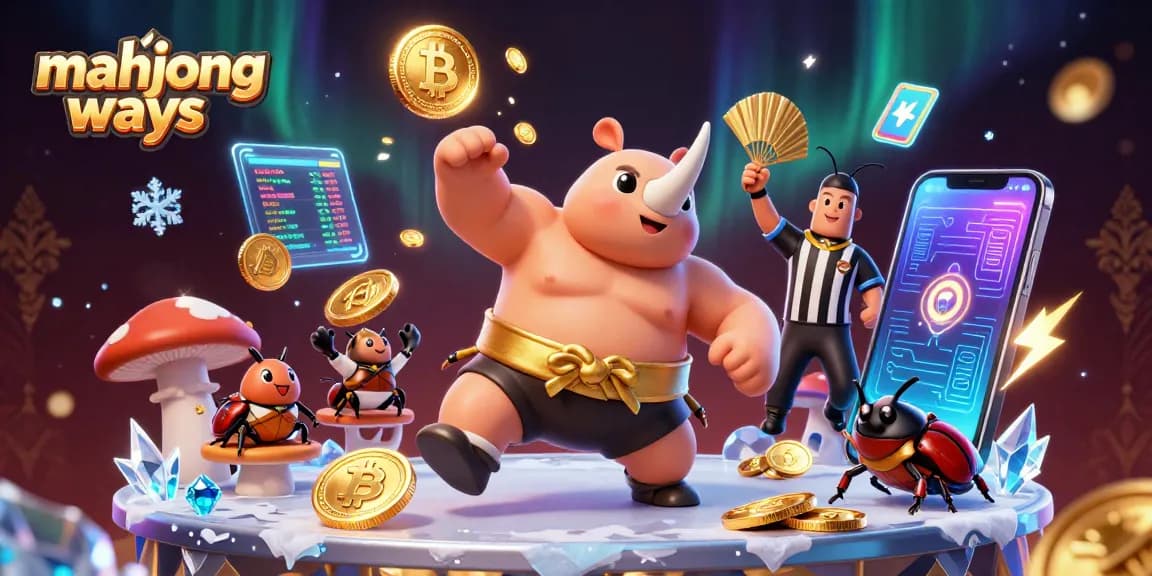 Play mahjong ways in a vibrant 3D illustration featuring coins and crypto elements.