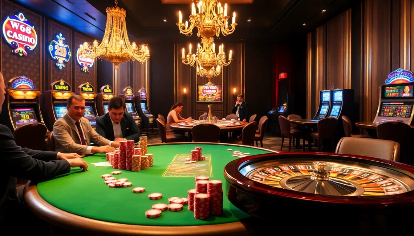 Exciting poker game at a luxurious casino featuring VB88 branded chips and elegant decor.