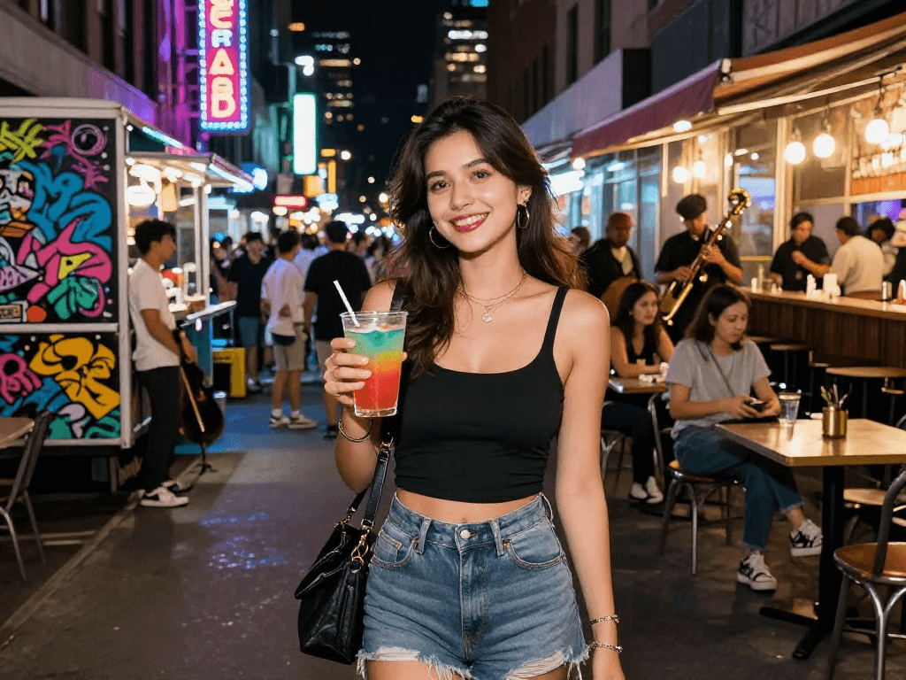 Gái gọi trong không gian nightlife thành phố, đèn neon sáng rực.