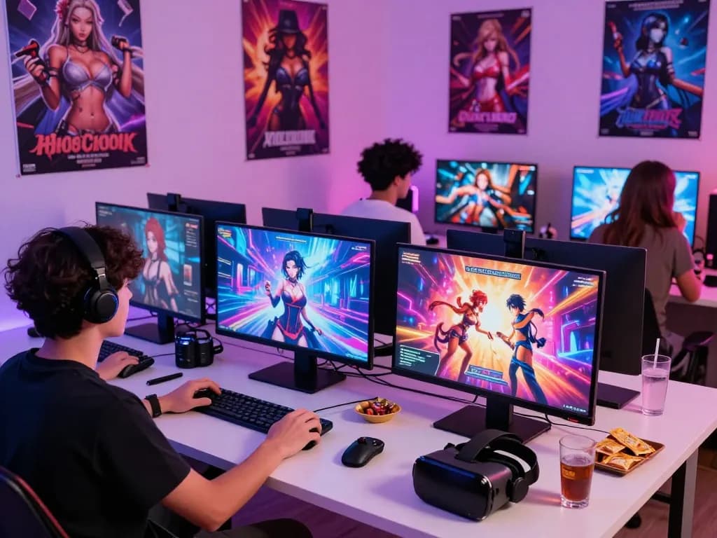 Enjoying interactive sex games with friends in a vibrant gaming setup.